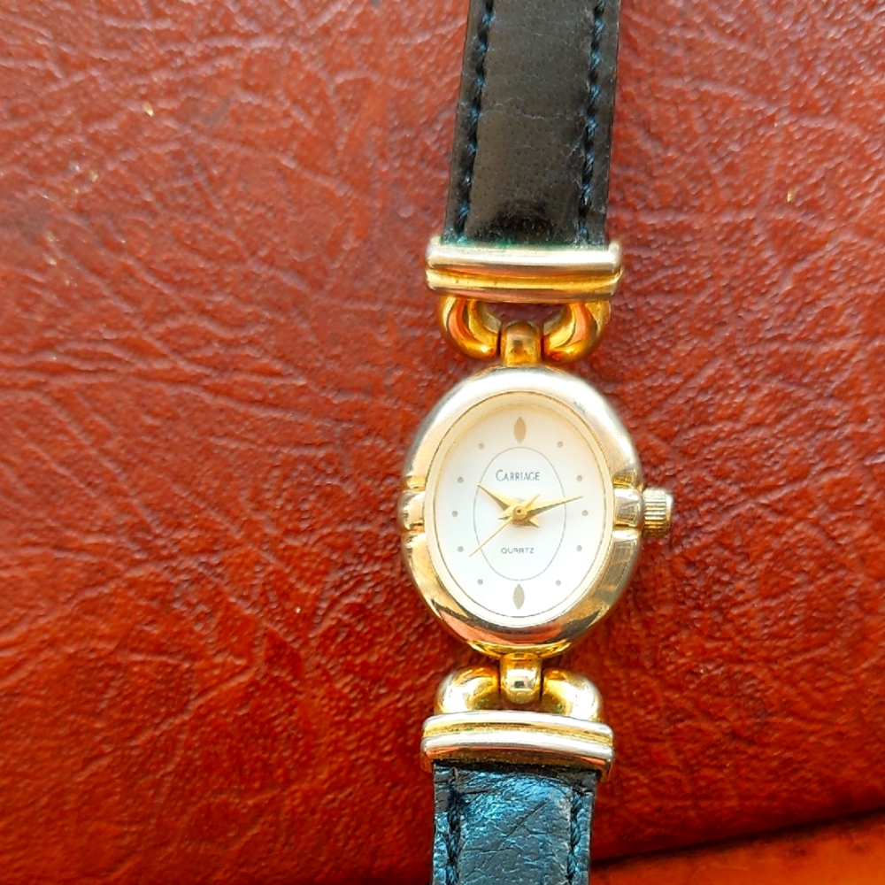 Carriage Timex Gold-Tone Watch - Round, Textured Bezel, CR1216 Cell